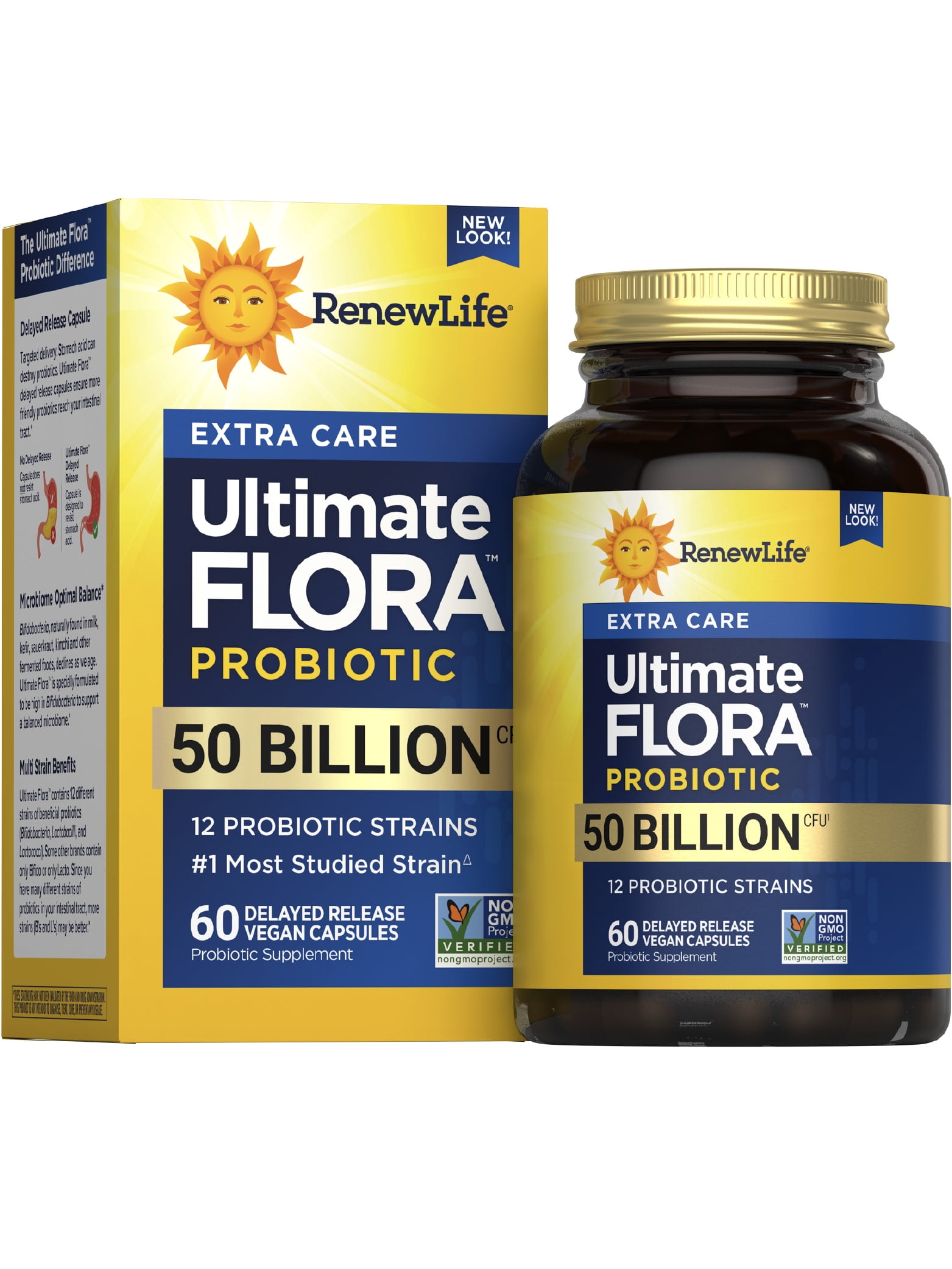 Ultimate Flora Extra Care Probiotic | 50 Billion Live Cultures | 60 Vegetarian Capsules | by Renew Life