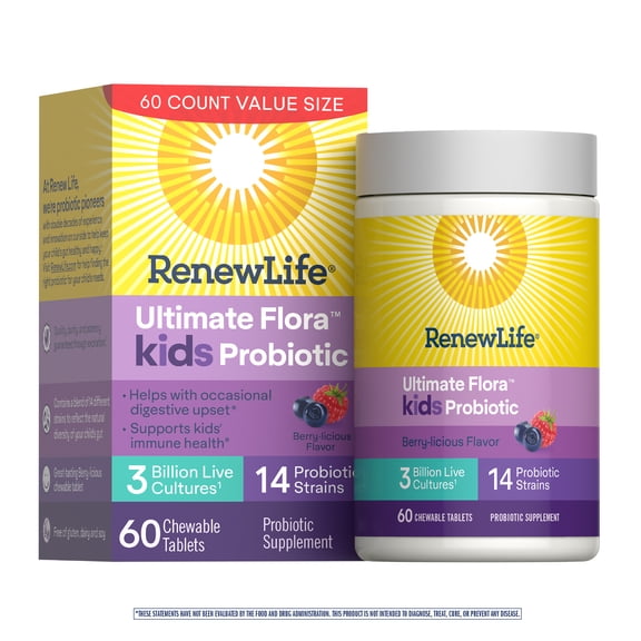 Kids Probiotic Chewables | Soy, Dairy & Gluten Free | Berry Flavor | 60 Chewable Tablets |  by Renew Life
