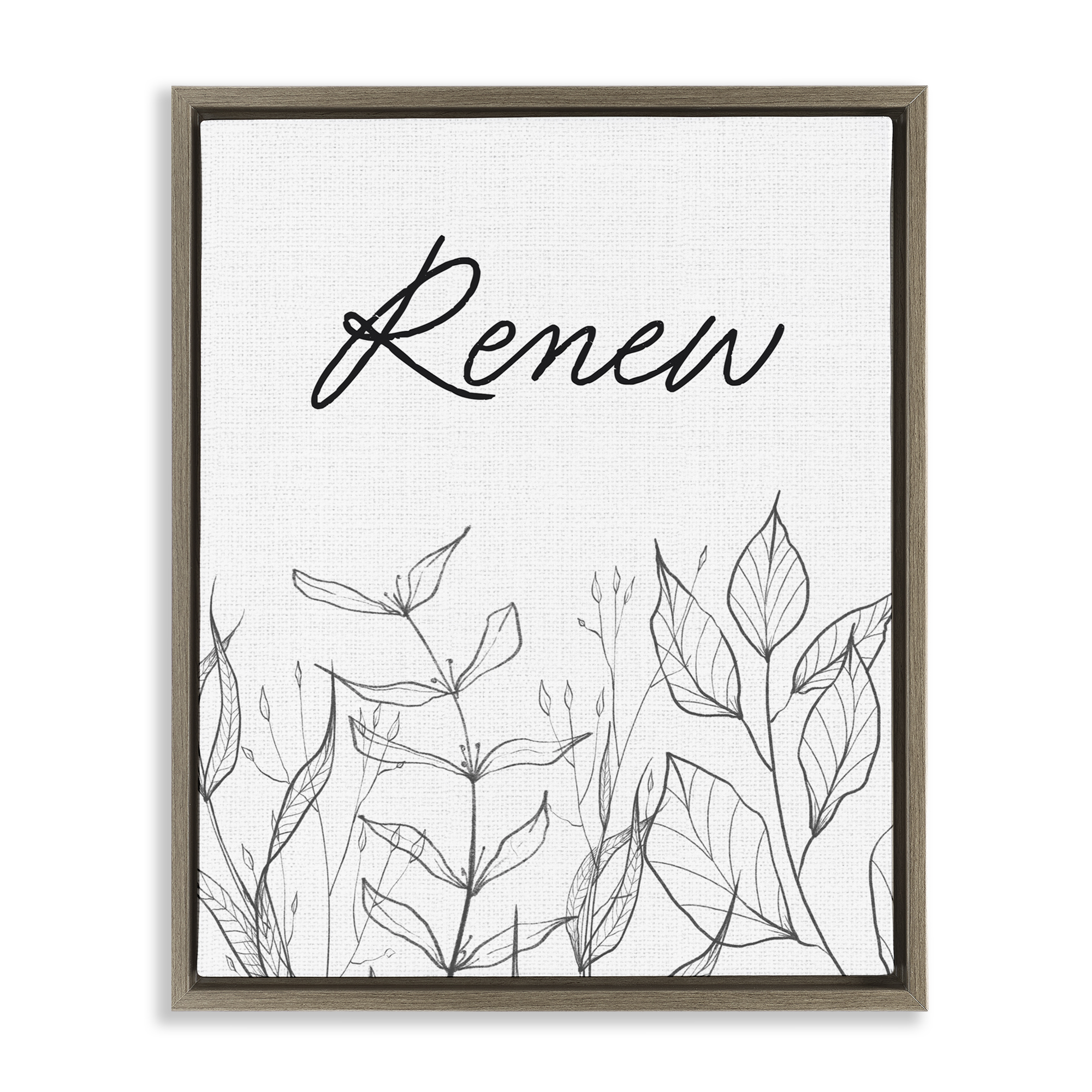 Renew with Leaf Outlines Brown Framed Floater Canvas Wall Art, design by Lettered and Lined