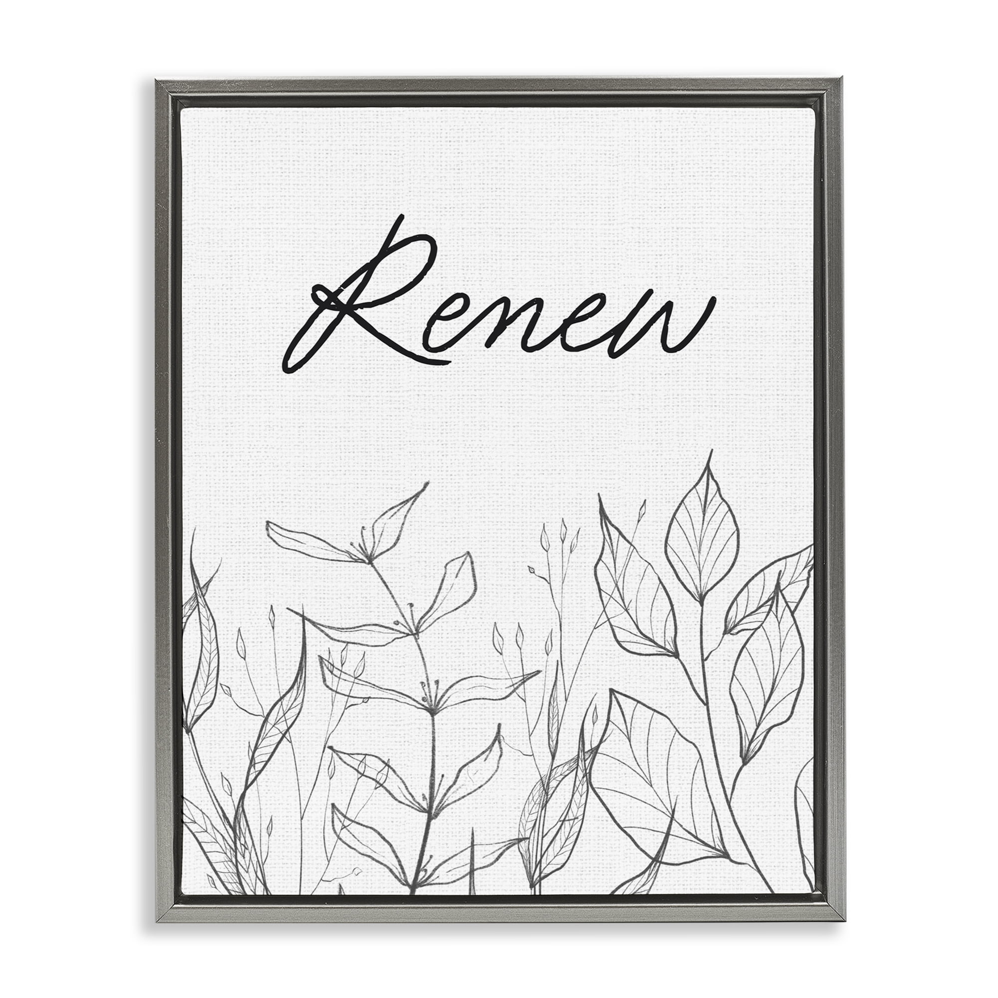 Renew with Leaf Outlines Gray Framed Floater Canvas Wall Art, design by Lettered and Lined