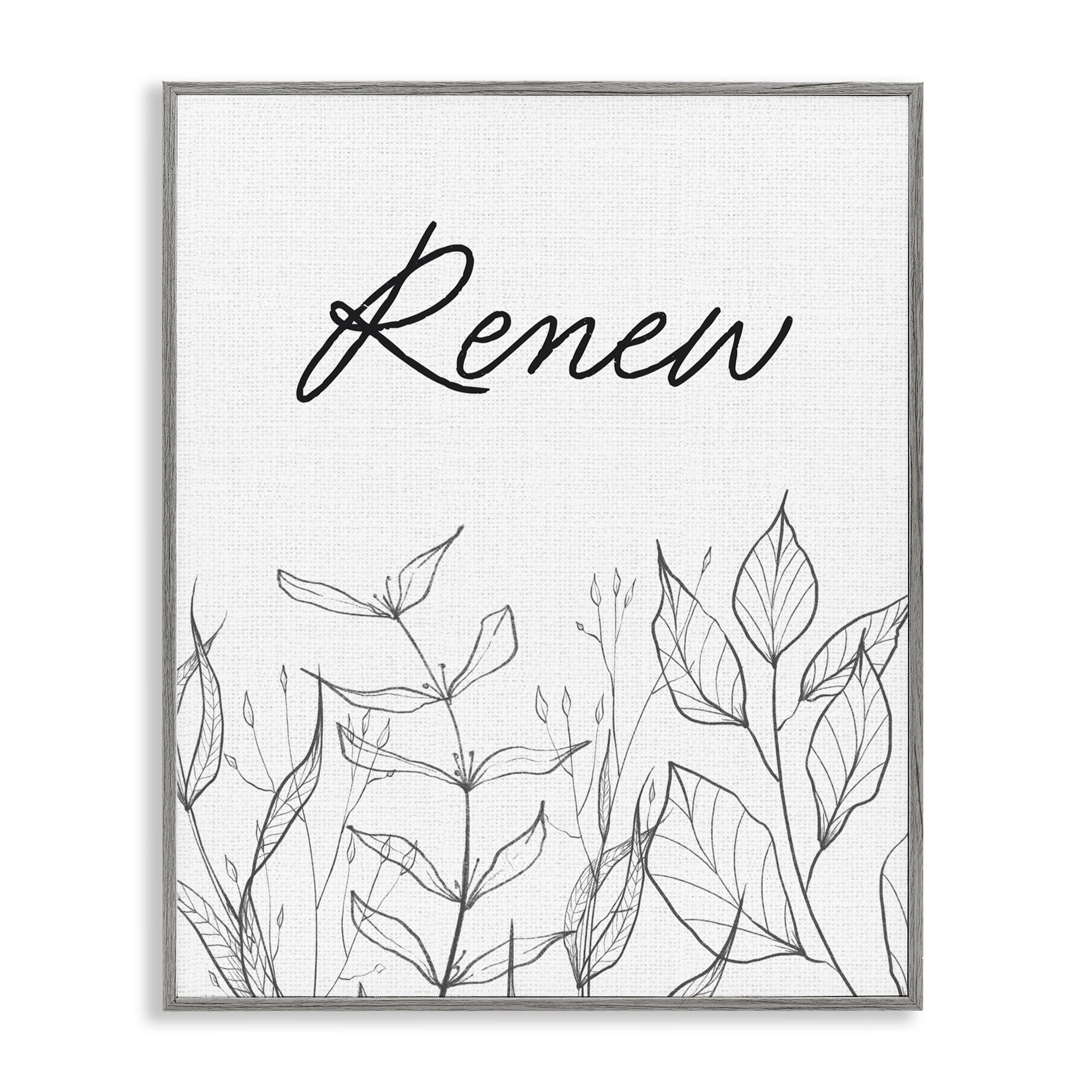 Renew with Leaf Outlines Gray Framed Giclee Art, design by Lettered and Lined