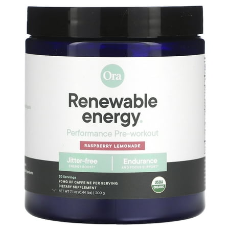Ora Organic Plant-based Pre Workout Powder, Raspberry Lemonade - Renewable Energy (20 Servings)