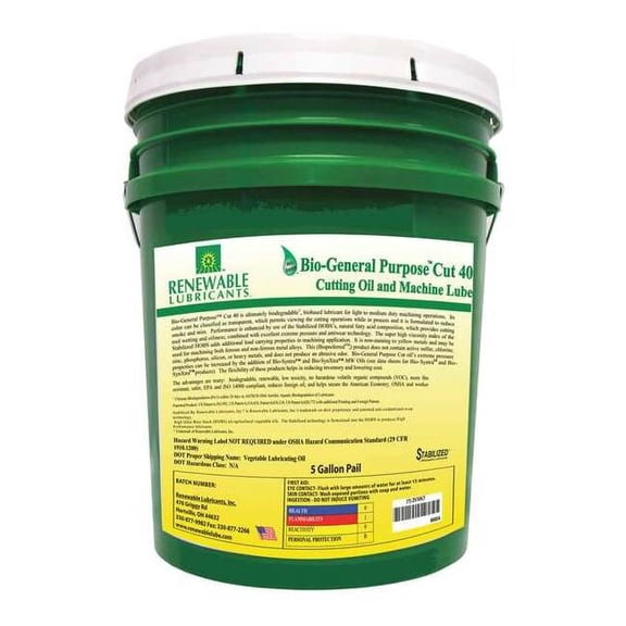 Renewable Lubricants Cutting Oil,5 gal,Bucket 86834
