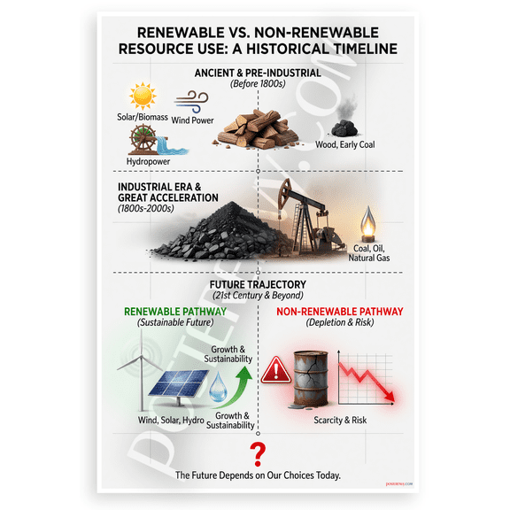 Renewable vs Non-Renewable Resource Use Historical Timeline Educational 12x18 US Made Poster