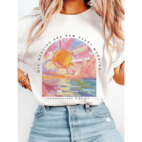 Renewed Hope His Mercies Are New Every Morning Lamentations 3:22-23 Print Tshirts Bible Verse Graphic Tees Faith Based Casual Tops for Daily Outfits White,S