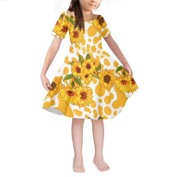 Renewold 11-12 Years Toddler Kid Girls Dress for Summer Spring Sunflowers Twirly Skater Dress Yellow Cow Print Midi Long Sleeve Casual Sundress A-Line Dress