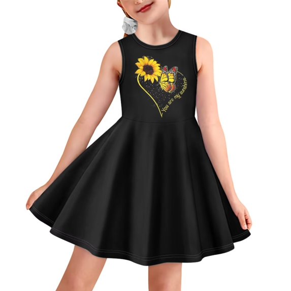Renewold 11-12T Kids Girls Black Sleeveless A Line Dress Sunflower Butterfly Casual Short Playwears Heart High Waistline Beach Sundress for Teens