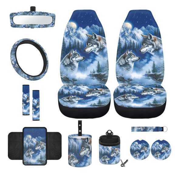 Renewold 12 Pack Car Accessories with Front Seat Cover Steering Wheel Seatbelt Rearview Mirror Armrest Cover Trash Can Mount Pocket Cup Holder Keychain Car Accessories Decor, Wolf Forest Blue