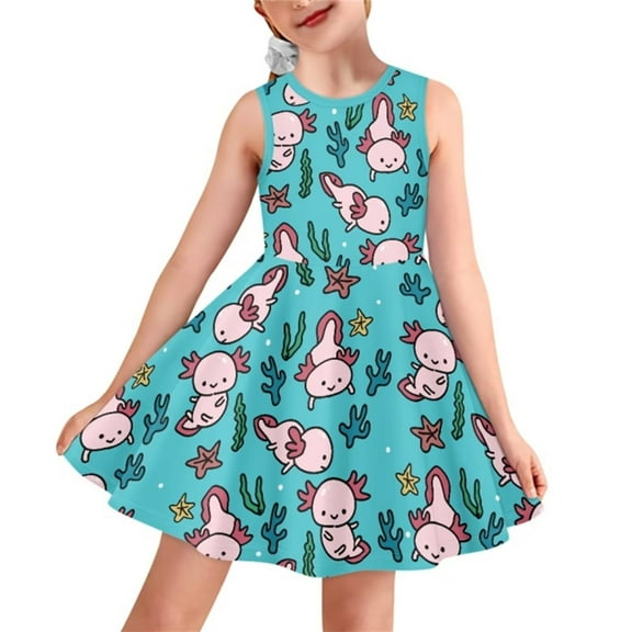 Renewold 13-14 Years Kids Blue Sleeveless Party Dress Lovely Axolotl A-Line Midi Sundress Girls Casual Swing Twirl Dresses Skin Friendly Summer Jumpskirt
