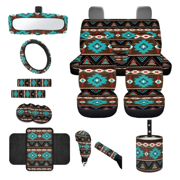 Renewold 14 PCS Car Seat Cover Set, with Steering Wheel Seat Belt Covers Waste Bin Center Console Pad Rear View Mirror Handbrake Set Coasters Auto Decor, Southwest American Tribal Teal Brown