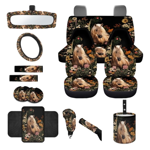 Renewold 14 PCS Car Seat Cover Set, with Steering Wheel Seat Belt Strap Armrest Cover Cup Holder Trash Bag Gear Shift Knob Cover Set Rear View Mirror Protector, Brown Horse Floral
