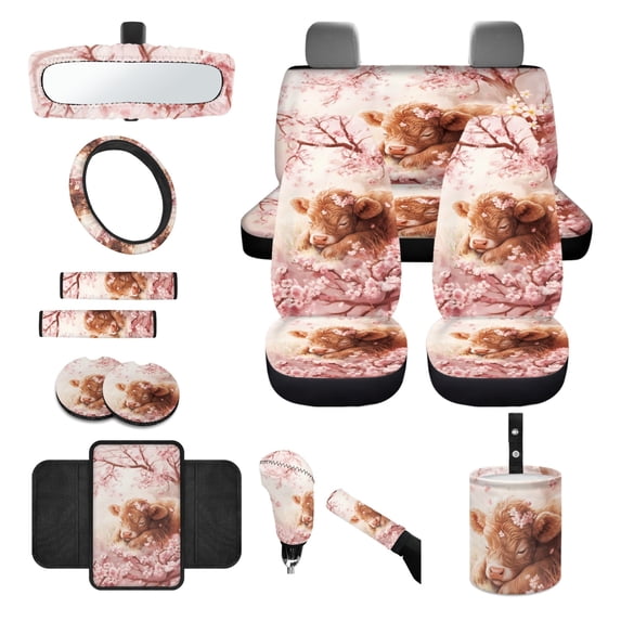 Renewold 14 PCS Car Seat Covers Set for Men, Auto Seat Protector with Steering Wheel Seat Belt Cover Garbage Bag Armrest Handbrake Rear View Mirror Protector Coasters, Highland Cow Pink Floral
