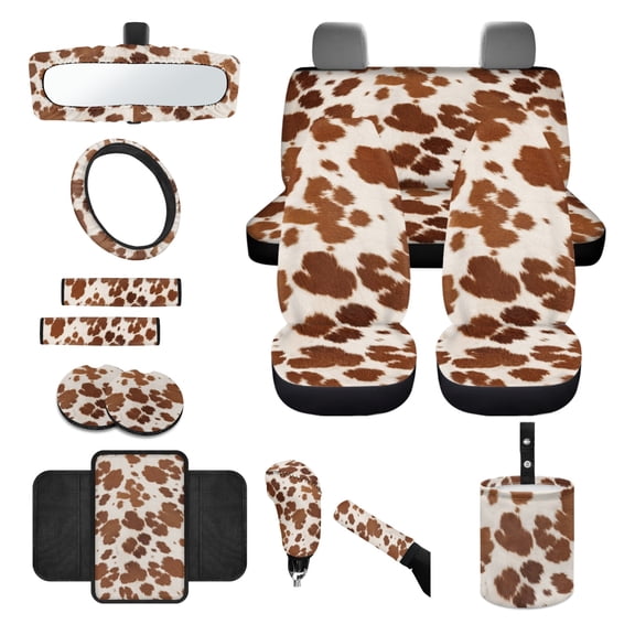 Renewold 14 Pack Car Accessories, Universal Auto Seat Protector Steering Wheel Seatbelt Strap Pad Trash Can Armrest Pad Cup Holders Rearview Mirror Handbrake Cover Set, Light Brown Cow Print