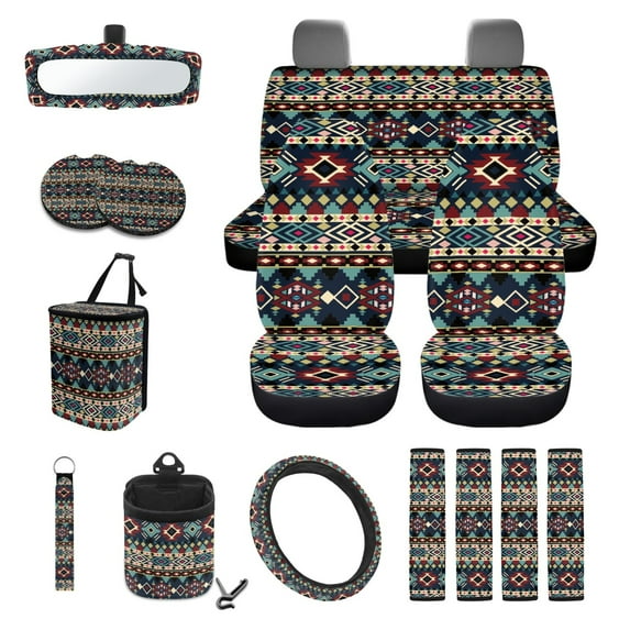 Renewold 15 PCS Car Seat Covers Set with Steering Wheel Rear View Mirror Cover Seat Belt Pads Trash Bin Sunglass Pocket Coasters Key Chain Car Accessories, Southwest American Tribal Dark Blue Red