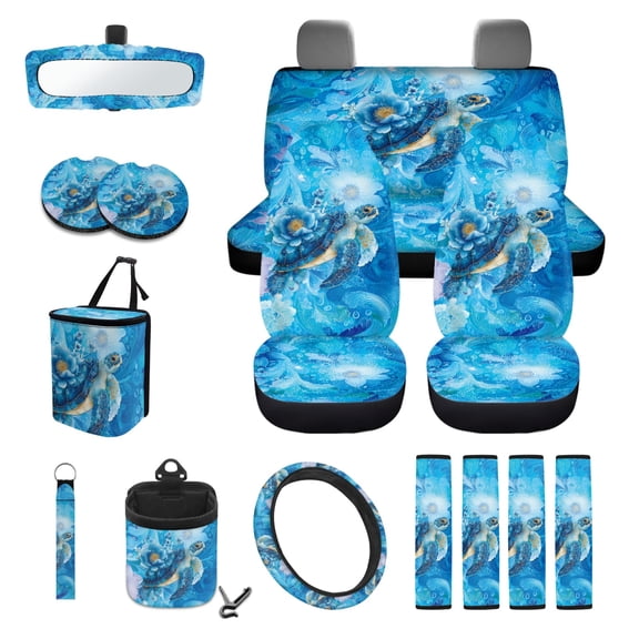 Renewold 15 Pack Car Accessories, Universal Car Seat Cover Steering Wheel Rearview Mirror Cover Seatbelt Strap Pad Trash Can Mount Storage Pocket Cup Holders Keychain, Sea Turtle Floral Blue