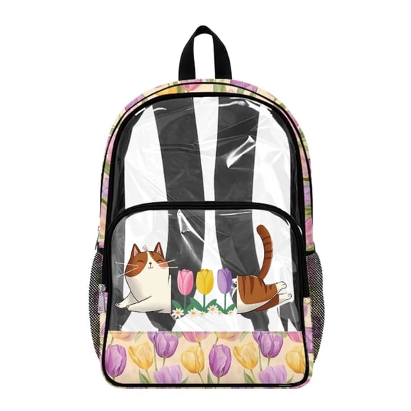 Renewold 17 In Clear Bookbag for High Junior Secondary School Stadium Clear Backpack Wide Shoulder Straps PVC See Through Bag Large Capacity Travel Backpack, Cat Tulip Floral Print