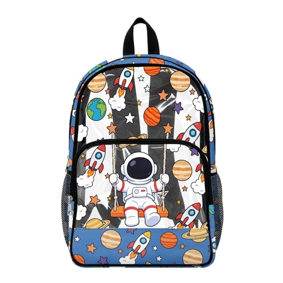 Renewold 17 Inch Large Backpack for Gym Workplace Security Check PVC Clear Backpack with Side Pockets Shoulder Bag for College Secondary School, Astronaut Rocket Planet Star Print Blue