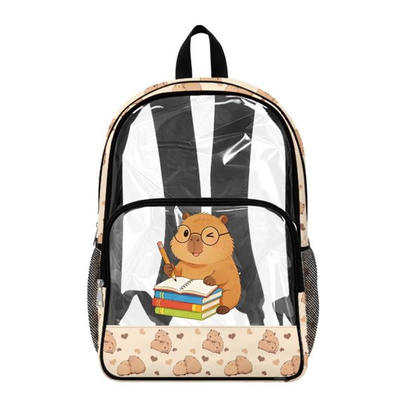 Renewold 17 Inch Large Backpack for Gym Workplace Security Check PVC Clear Backpack with Side Pockets Wide Shoulder Straps Shoulder Bag for College Secondary School, Capybara Heart Book Print