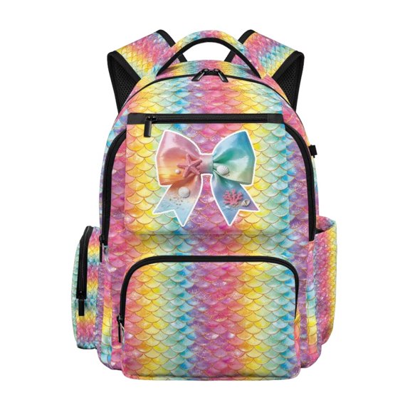 Renewold 17 Inch Large Backpack with Multiple Pockets and Compartments Schoolbag with Adjustable Straps Girls Backpack for Elementary Preschool Students, Rainbow Bow Mermaid Scale Print