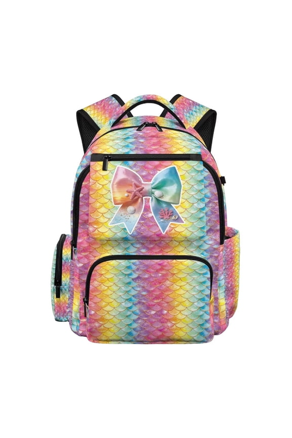 17 Inch Large Backpack with Multiple Pockets and Compartments Schoolbag with Adjustable Straps Girls Backpack for Elementary Preschool Students, Rainbow Bow Mermaid Scale Print