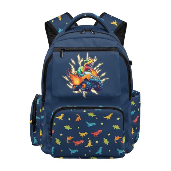 Renewold 17 Inch Large Backpack with Multiple Pockets and Compartments Schoolbag with Adjustable Straps Kids Backpack for Elementary Preschool Students, Dinosaur Truck Lightning Star Print Navy