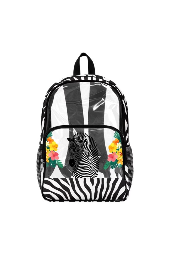 17 Inch Large Backpack for School Sports Events Security Check PVC Clear Backpack with Side Pockets Adjustable Straps Shoulder Bag for Primary, Tropical Floral Zebra Print Black White