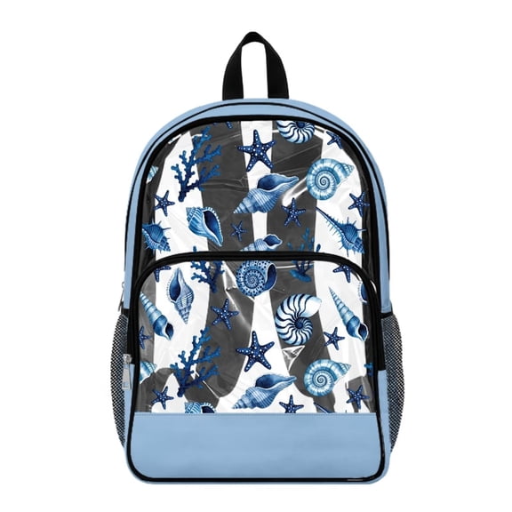 Renewold 17 Inch Large Backpack for School Sports Events Security Check PVC Clear Backpack with Side Pockets Shoulder Bag for Primary Junior Secondary School, Blue Conch Starfish Coral Print
