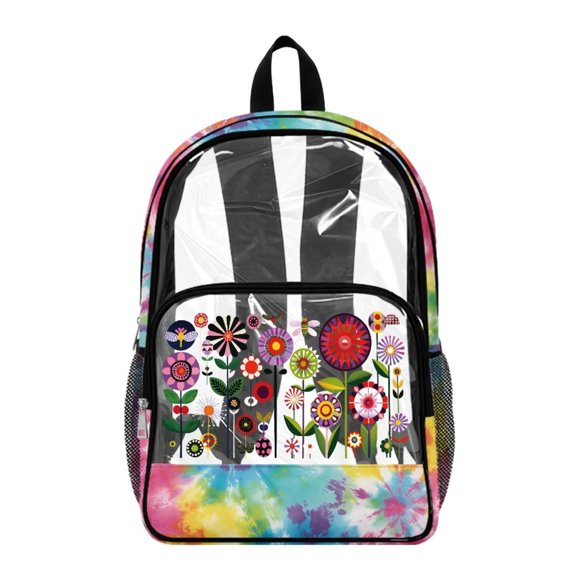 Renewold 17 Inch Large Backpack for Travel Concerts Back to School Essentials PVC Clear Backpack with Side Pockets Shoulder Bag for High Junior Secondary School, Colorful Floral Tie-dye Print