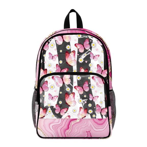 Renewold 17 Inch Large Backpack for Travel Concerts Security Check PVC Clear Backpack with Side Pockets Adjustable Straps Shoulder Bag for High Junior School, Pink Butterfly Daisy Marble Print