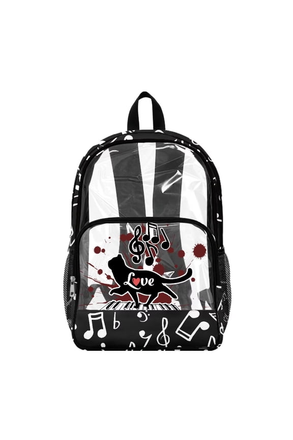 17 Inch Large Backpack for Travel Concerts Security Check PVC Clear Backpack with Side Pockets Shoulder Bag for High Junior Secondary School, Cat Love Music Note Print Black