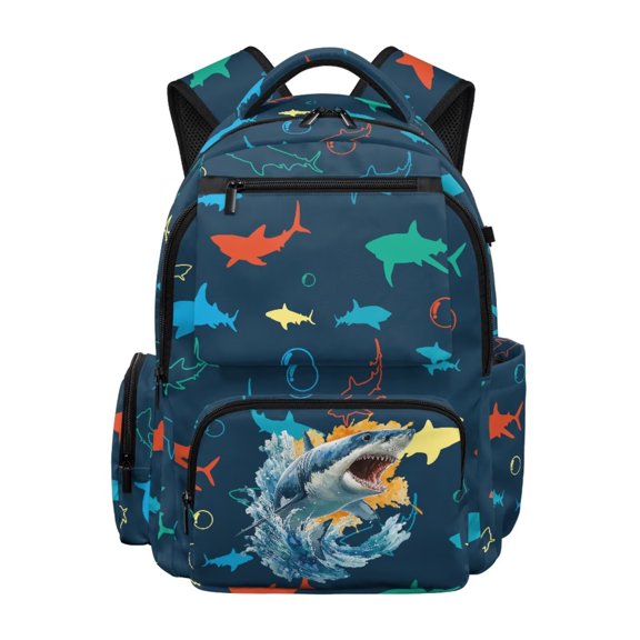 Renewold 17 Inch Large Capacity Travel Backpack with Multiple Pockets Toddler Backpack with Padded Shoulder Straps Soft Shoulder Bag for Boy, Shark Silhouette Print Navy