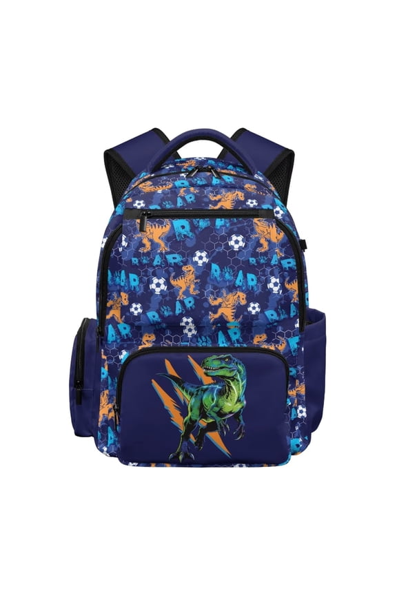 17 In Large Backpack Multi-pocket Shoulder Bag with Wide Shoulder Straps School Backpack for Kids Teen Back to School Essentials, Soccer Ball T-Rex Dinosaur Print Blue