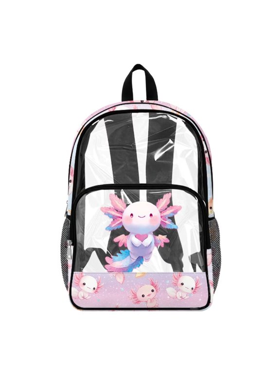 17 In Stadium Clear Backpack Large Travel Backpack with Side Pockets Clear Bag for Security Check Sports Events Concerts Work College, Axolotl Star Print Pink