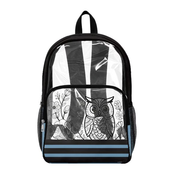 Renewold 17 In Transparent School Bag Clear Backpack for Girls Wide Shoulder Straps Large Capacity Adjustable Shoulder Straps Backpack for Primary School, Owl Floral Line Art Print