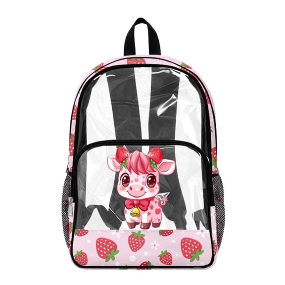 Renewold 17 In Transparent School Bag Clear Backpack for Girls Wide Shoulder Straps Large Capacity Adjustable Shoulder Straps Backpack for Primary School, Pink Cow Strawberry Floral Print