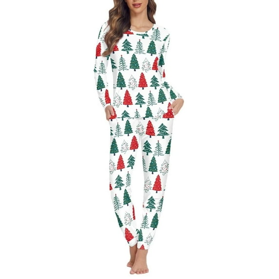Renewold 2 PCS Casual Xmas Trees Sleepwear for Women Lightweight Pajama Lingerie Cozy Christmas Daily Wear Outfits Set Athletic Home Long-Sleeve Lounge Wear Size 3XL