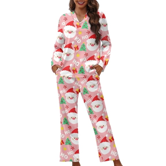 Renewold 2 PCS HO-HO-HO Santa Pajamas Set Long Sleeve Sleepwear Womens Button Down Nightwear Size XL Thermal Pink Christmas Athletic Clothing Soft Tops Pants