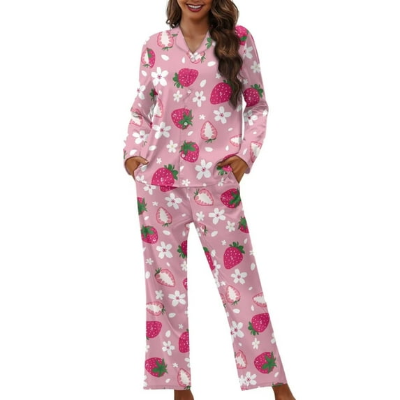 Renewold 2 PCS Stretchy Home Wear Button Down Pajama for Women Size XS Strawberry Flower Lounge Set Casual Skin Friendly Daily Wear Nightwear for Fall Winter Spring,Pink