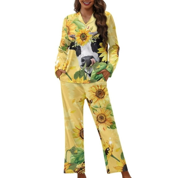Renewold 2 PCS Stretchy Home Wear Button Pajama for Women Sunflowers Cow Scoop Neck Shirt & Pants Set Snug-Fit Loungewear Pjs Sleepwear Durable Outfits Tops Size S