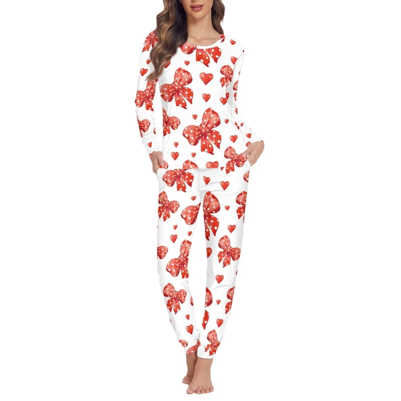 Renewold Pack Xmas Bow Hearts Graphic Pajamas for Women 2PCS