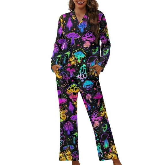 Renewold 2 Packs Psychedelic Mushroom Button Down Pajamas Pants for Women Warmth Home Life Daily Wear Nightwear Set for Holiday/Birthday Gifts Soft Jogger Sweatshirt Size 2XL