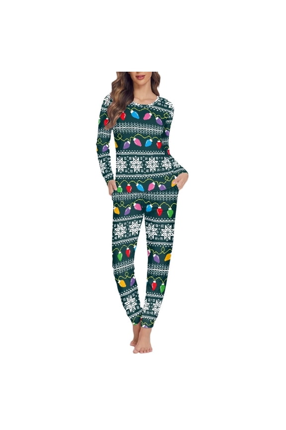 2 Piece Pajamas for Women Cozy Up Colorful Lights Snowflake Tracksuit Nightwear SetSize M for Christmas Day Fashion Full-length Sleepwear for Spring Fall Winter