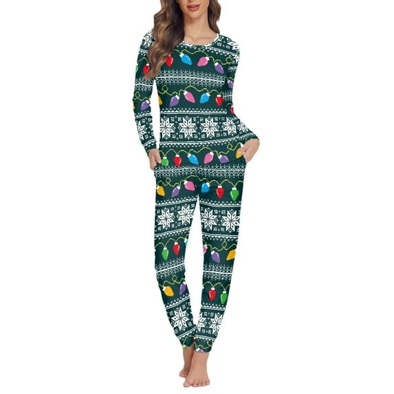 Renewold 2 Piece Pajamas for Women Cozy Up Colorful Lights Snowflake Tracksuit Nightwear SetSize M for Christmas Day Fashion Full-length Sleepwear for Spring Fall Winter