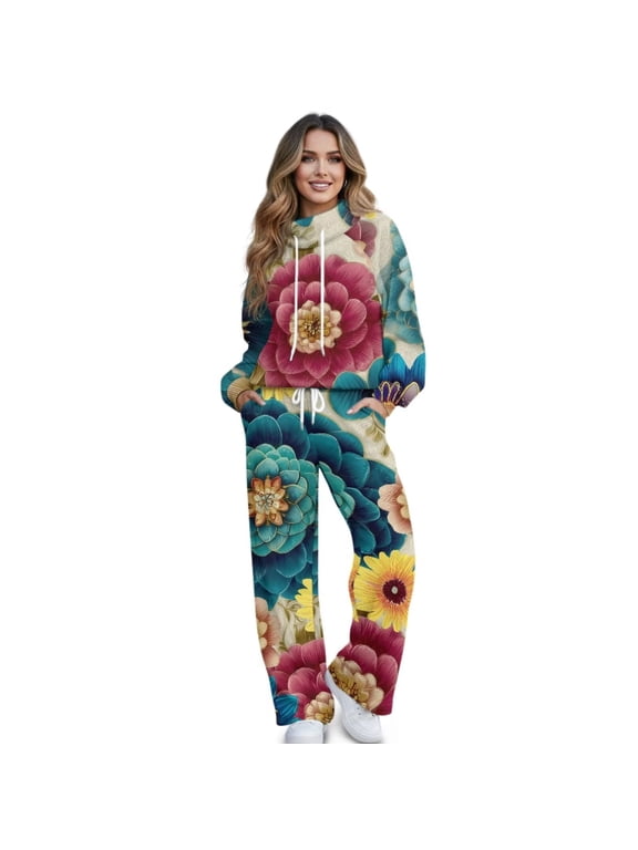 2 Piece Sweatsuits for Women Turtleneck Sweatshirt High Waisted Pants Soft Comfy Vacation Outfits Track Suit Lounge Sets Petite for Airport Travel, Vintage Elegant Floral Print, XS