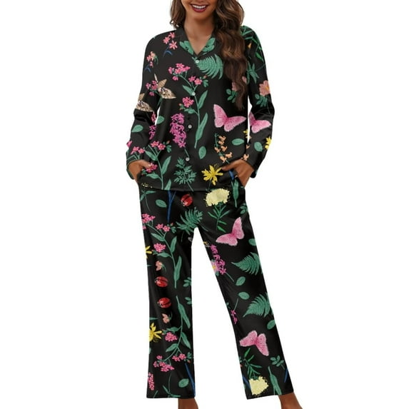 Renewold 2 Pieces Button Pajamas for Women Set Size M Aesthetic Butterfly Flowers Home Daily Wear Sleepwear Shirt Snug-Fit Home Daily Jogger Walking Loungewear Nightwear