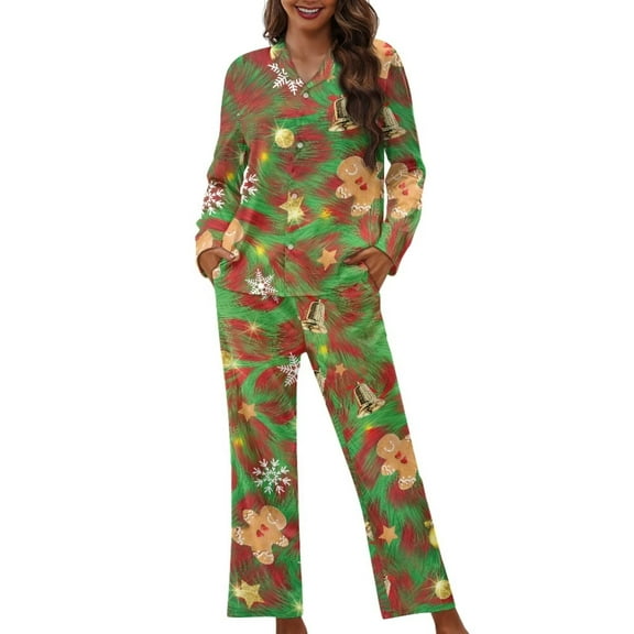 Renewold 2 Pieces Ladies Comfort Button Pj Set Women Casual Pajamas Daily Wear Skin Friendly Christmas Bell Gingerbread Man Pullover Tops Sleepwear Size 4XL