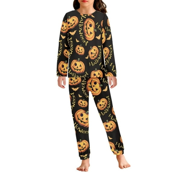 Renewold 2 Pieces Nightwear for Fall Spring Winter Casual Daily Wear Sleep Loungewear Set 3-4Y Toodlers Kids Pumpkins Bats Long Sleeve Shirt Home Wear,Halloween Day