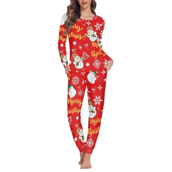 Renewold 2 Pieces Pajama Sets for Women Soft Happy Christmas Long Sleeve Top & Pants Skin Friendly Snowflake Snowman PJ Loungewear Loose Fitting Daily Wear Nightwear Size 5XL