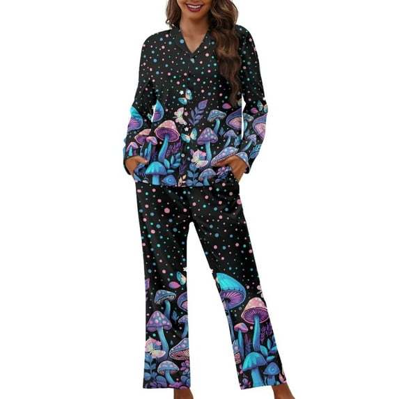 Renewold 2 Pieces Sleepwear Pajama Set Warm Button Down PJ Shirt Women Jogger Walking Sweatsuit Skin Friendly Aesthetic Mushroom Butterfly Winter Daily Wear Clothing Size 2XL