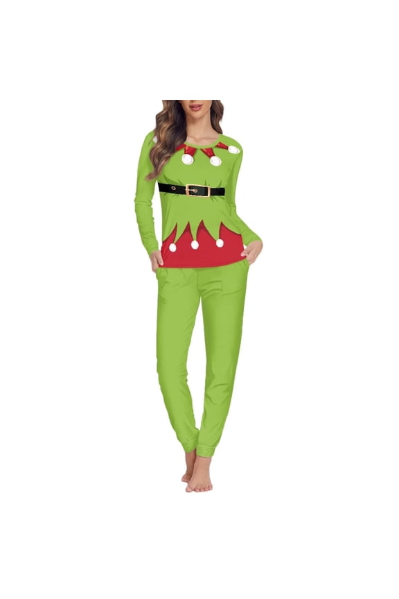 2 Pieces Soft Women Pajamas Sets Christmas Green Elf Crewneck Home Sleep Wear Top & Pants Soft Thermal Adults Daily Wear Pullover Sweatshirt Size M